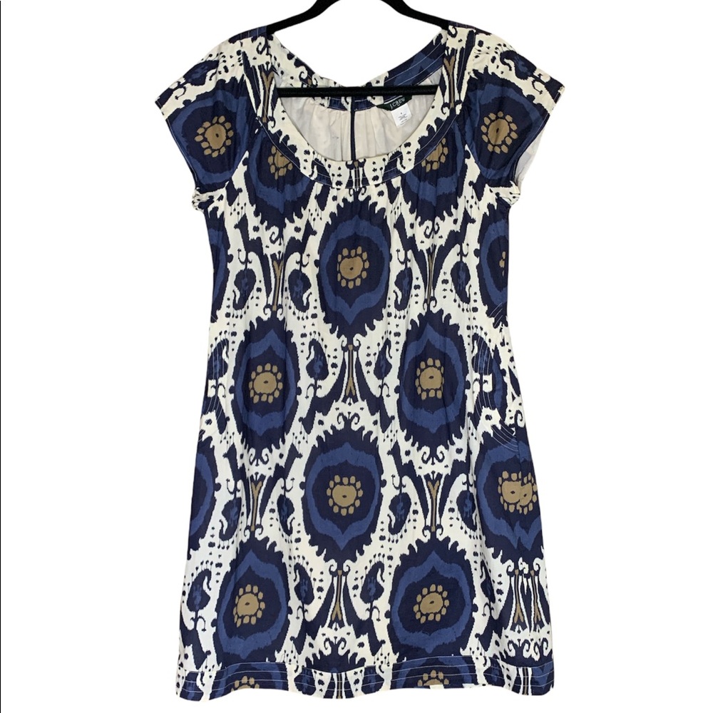J. Crew Navy Blue, White & Tan Patterned Short Sleeve Dress